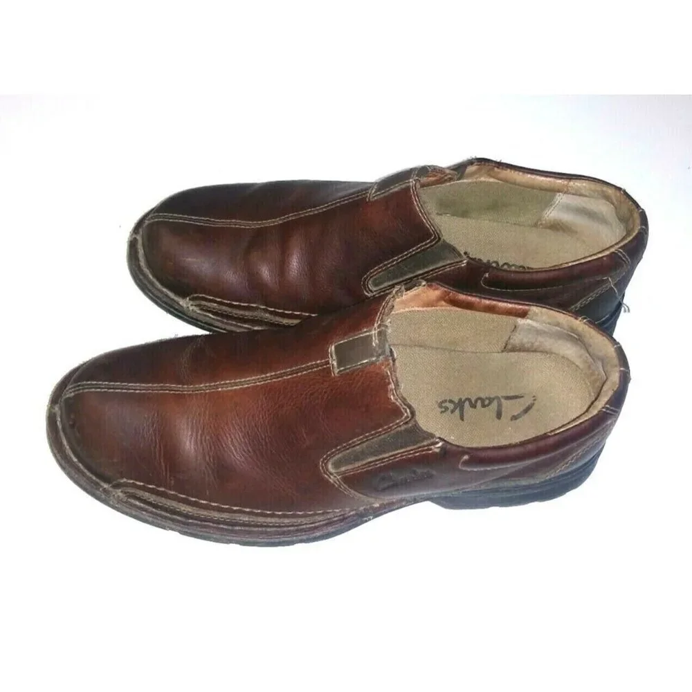 CLARKS LOAFERS mens 10M Leather Brown COTRELL Round Toe Slip On Shoes 78538 EUC
